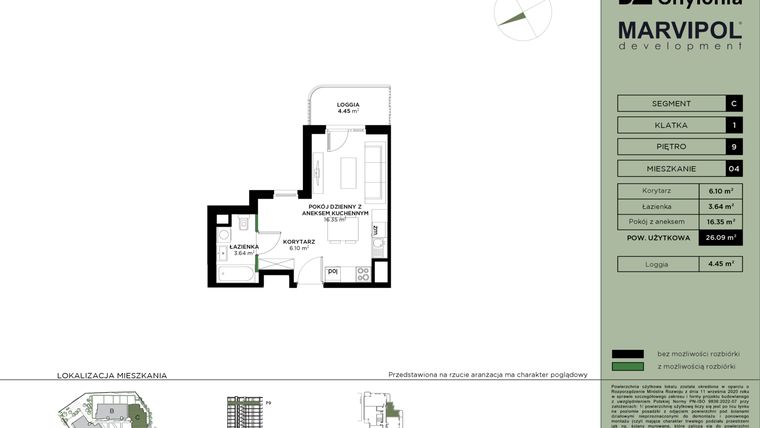Rzut - Mieszkanie na sprzedaż 1 pokój o powierzchni 26,09 m² - numer C-9-04 w Nowa Chylonia