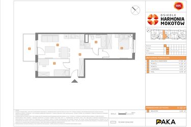 Rzut - Mieszkanie na sprzedaż 3 pokoje o powierzchni 51,62 m² - numer H.17 w Osiedle Harmonia Mokotów etap 3