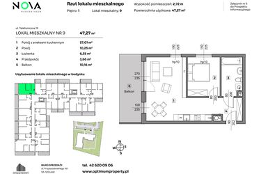 Rzut - Mieszkanie na sprzedaż 2 pokoje o powierzchni 47,27 m² - numer 9 w Nova Radiostacja