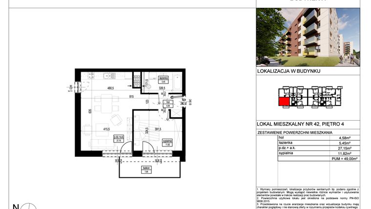 Rzut - Mieszkanie na sprzedaż 2 pokoje o powierzchni 49 m² - numer A.42 w Wólczańska 248 - etap II