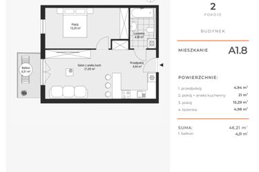 Rzut - Mieszkanie na sprzedaż 2 pokoje o powierzchni 46,96 m² - numer A1.8 w Enklawa Bukowa