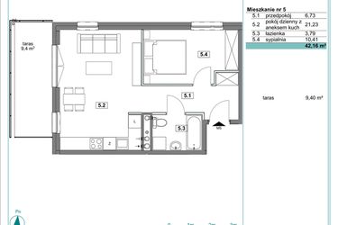 Rzut - Mieszkanie na sprzedaż 2 pokoje o powierzchni 42,34 m² - numer D.5 w Osiedle Kościuszki etap II