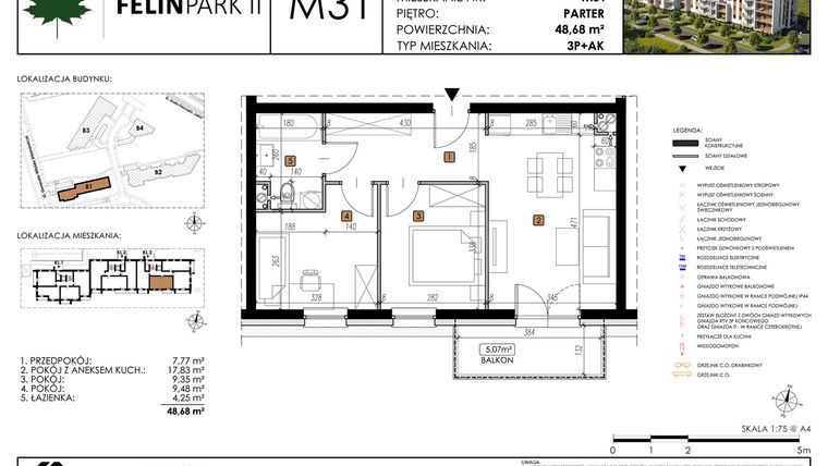 Rzut - Mieszkanie na sprzedaż 3 pokoje o powierzchni 48,55 m² - numer M31 w Felin Park II