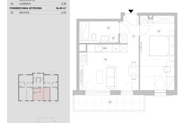 Rzut - Mieszkanie na sprzedaż 2 pokoje o powierzchni 36,44 m² - numer 98.3.11 w ATAL Bronowice