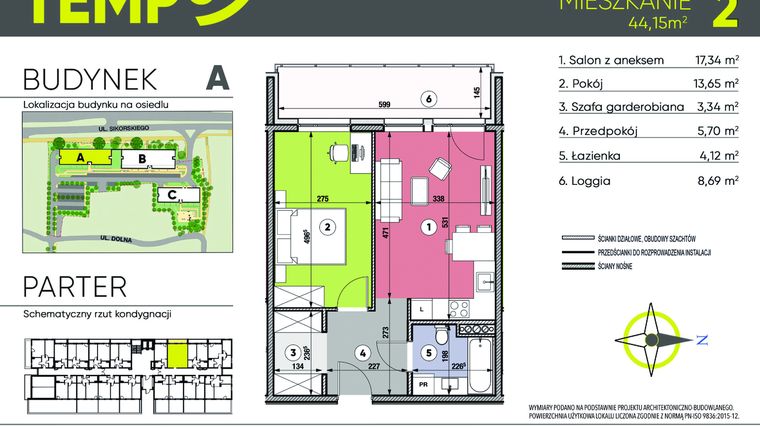 Rzut - Mieszkanie na sprzedaż 2 pokoje o powierzchni 44,15 m² - numer A2 w Osiedle TEMPO