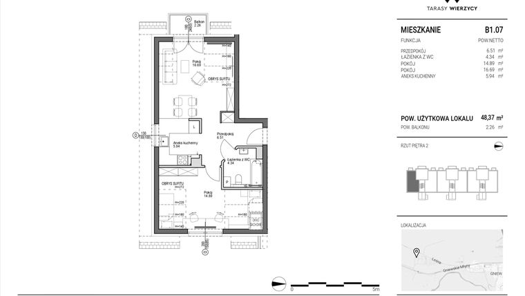 Rzut - Mieszkanie na sprzedaż 2 pokoje o powierzchni 48,37 m² - numer B1.07 w Tarasy Wierzycy