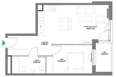 Rzut - Mieszkanie na sprzedaż 2 pokoje o powierzchni 47,98 m² - numer B2-23 w Forma Otwarta etap II