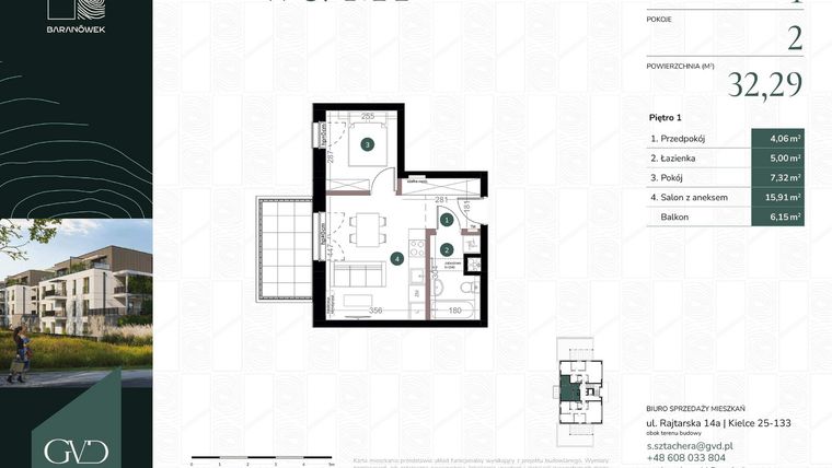 Rzut - Mieszkanie na sprzedaż 2 pokoje o powierzchni 32,29 m² - numer W3/04 w Baranówek