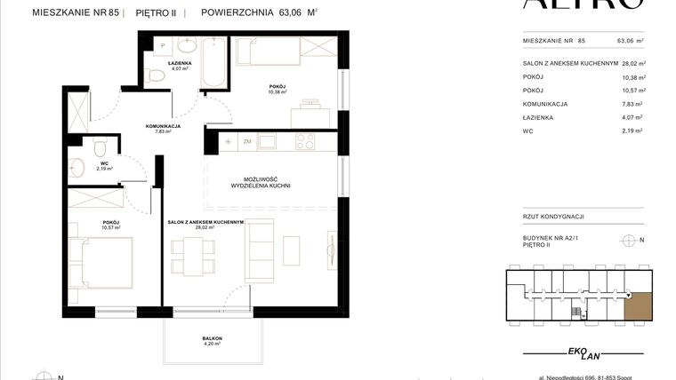 Rzut - Mieszkanie na sprzedaż 3 pokoje o powierzchni 63,06 m² - numer A2.1.85 w Altro A2/1