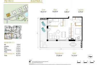 Rzut - Mieszkanie na sprzedaż 3 pokoje o powierzchni 66,78 m² - numer 3.1/J w Panorama Park