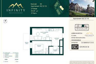 Rzut - Mieszkanie na sprzedaż 2 pokoje o powierzchni 34,22 m² - numer B2.3.10 w Infinity Mountain Resort