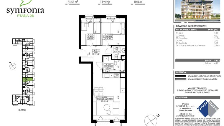 Rzut - Mieszkanie na sprzedaż 3 pokoje o powierzchni 63,52 m² - numer A.18 w Symfonia Ptasia 28