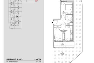 Rzut - Mieszkanie na sprzedaż 2 pokoje o powierzchni 43,02 m² - numer 1D.0.171 w Francuska Park VIIIB