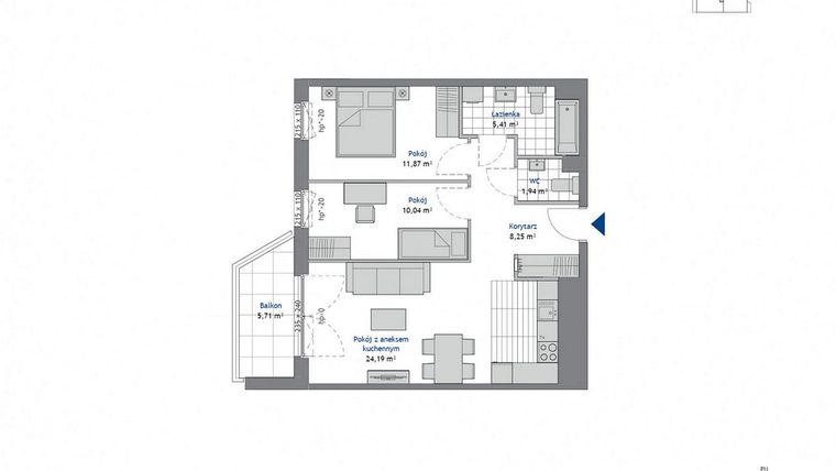 Rzut - Mieszkanie na sprzedaż 3 pokoje o powierzchni 61,7 m² - numer 2.2 w SEAHall