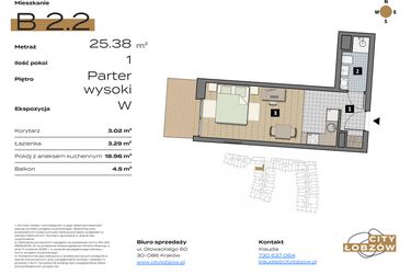 Rzut - Mieszkanie na sprzedaż 1 pokój o powierzchni 25,38 m² - numer B 2.2 w City Łobzów