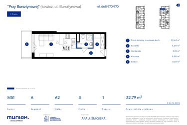 Rzut - Mieszkanie na sprzedaż 1 pokój o powierzchni 32,79 m² - numer 51A w Przy Bursztynowej