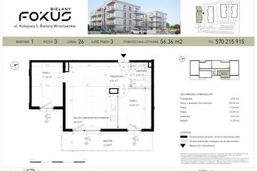 Rzut - Mieszkanie na sprzedaż 3 pokoje o powierzchni 56,36 m² - numer B1-26 w Fokus Bielany