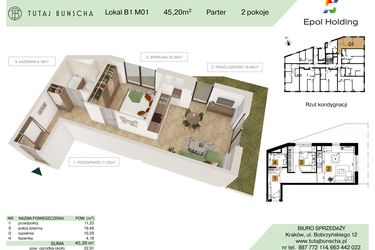 Rzut - Mieszkanie na sprzedaż 2 pokoje o powierzchni 45,2 m² - numer B1.M1 w Tutaj Bunscha