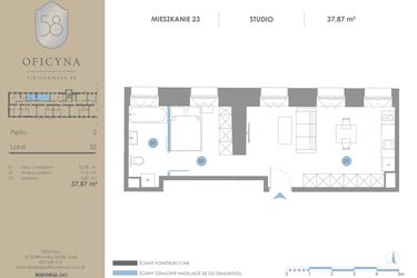 Rzut - Mieszkanie na sprzedaż 1 pokój o powierzchni 37,87 m² - numer 23 w Oficyna - Apartamenty Inwestycyjne Apart Hotel