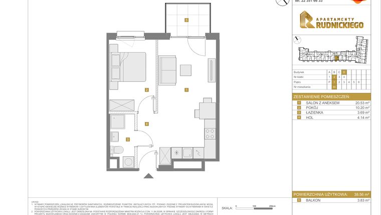 Rzut - Mieszkanie na sprzedaż 2 pokoje o powierzchni 38,56 m² - numer D.69 w Apartamenty Rudnickiego