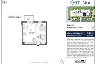 Rzut - Mieszkanie na sprzedaż 2 pokoje o powierzchni 46,8 m² - numer 1.3.05 w Rytelska