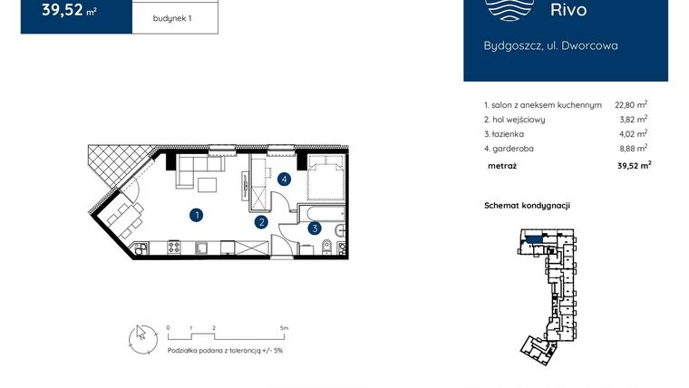 Rzut - Mieszkanie na sprzedaż 1 pokój o powierzchni 39,52 m² - numer 1.C.1.03 w Murapol Rivo