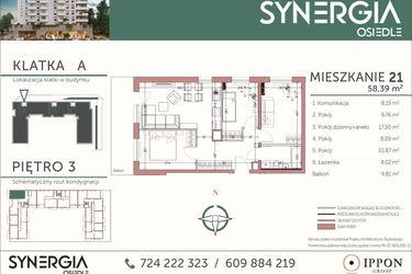 Rzut - Mieszkanie na sprzedaż 4 pokoje o powierzchni 58,39 m² - numer M21 w SYNERGIA