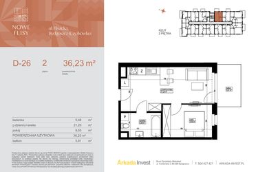 Rzut - Mieszkanie na sprzedaż 2 pokoje o powierzchni 36,23 m² - numer M26_NF.d w Nowe Flisy II