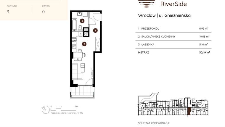 Rzut - Mieszkanie na sprzedaż 1 pokój o powierzchni 30,19 m² - numer 3.A.0.09 w Murapol RiverSide