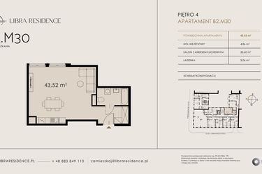 Rzut - Mieszkanie na sprzedaż 1 pokój o powierzchni 43,52 m² - numer B2.M30 w Libra Residence