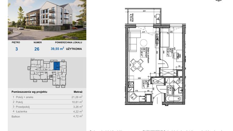 Rzut - Mieszkanie na sprzedaż 2 pokoje o powierzchni 39,55 m² - numer 26 w Balantia
