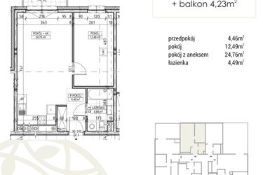 Rzut - Mieszkanie na sprzedaż 2 pokoje o powierzchni 46,2 m² - numer A3.03.24 w Zakątek Flora
