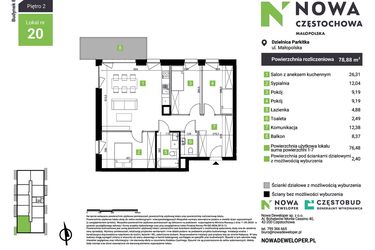 Rzut - Mieszkanie na sprzedaż 4 pokoje o powierzchni 78,88 m² - numer E20 w Nowa Częstochowa Małopolska etap II
