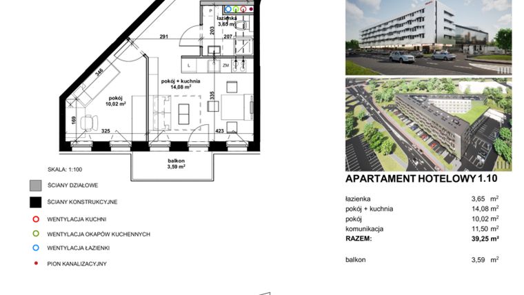 Rzut - Mieszkanie na sprzedaż 2 pokoje o powierzchni 39,5 m² - numer 1.10 w Apartamentowiec Zwycięska 3 - inwestycyjne