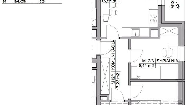 Rzut - Mieszkanie na sprzedaż 3 pokoje o powierzchni 49,33 m² - numer 12 w Kamienica Warszawska 34