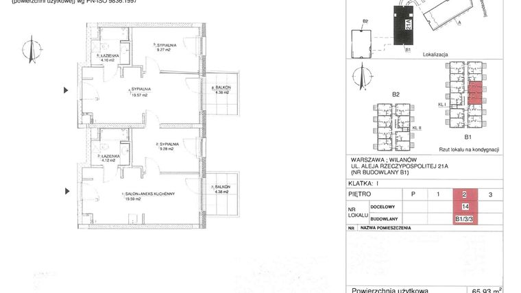 Rzut - Mieszkanie na sprzedaż 4 pokoje o powierzchni 65,93 m² - numer 14 w RZ21