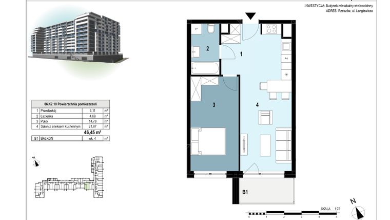 Rzut - Mieszkanie na sprzedaż 2 pokoje o powierzchni 46,45 m² - numer 06.K2.10 w Langiewicza 37