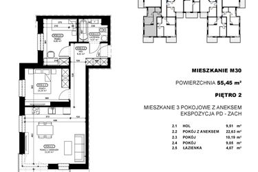 Rzut - Mieszkanie na sprzedaż 3 pokoje o powierzchni 55,45 m² - numer C2-M30 w Stacja Łódź V – etap C2