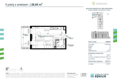 Rzut - Mieszkanie na sprzedaż 1 pokój o powierzchni 28,85 m² - numer BB0054 w Orneko
