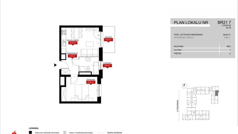 Rzut - Mieszkanie na sprzedaż 2 pokoje o powierzchni 38,51 m² - numer BR21/7 w Browary Wrocławskie 2