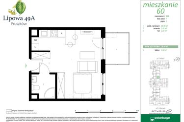 Rzut - Mieszkanie na sprzedaż 1 pokój o powierzchni 29,98 m² - numer 60B w Lipowa 49A