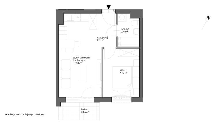 Rzut - Mieszkanie na sprzedaż 2 pokoje o powierzchni 36,1 m² - numer B.014 w Słoneczne Miasteczko - etap XV