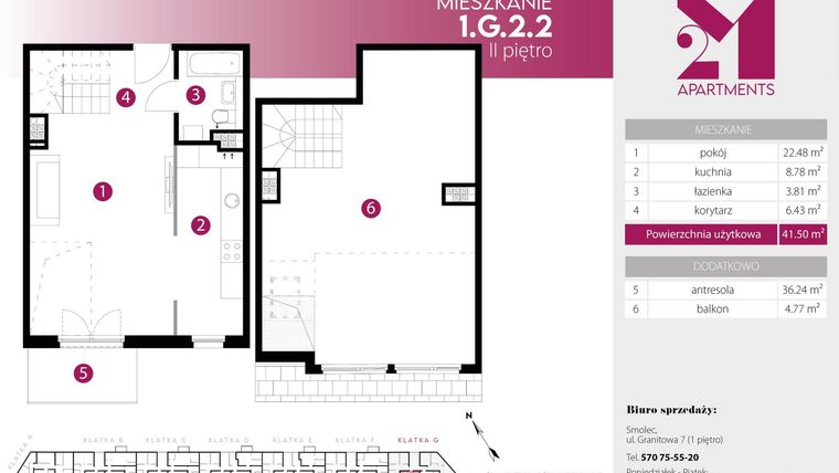 Rzut - Mieszkanie na sprzedaż 2 pokoje o powierzchni 77,74 m² - numer 1.G.2.2 w 2M Apartments etap IV