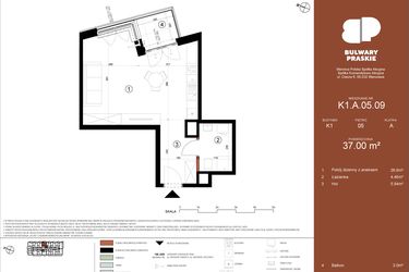 Rzut - Mieszkanie na sprzedaż 1 pokój o powierzchni 37 m² - numer K1.A.05.09 w Bulwary Praskie etap K i L
