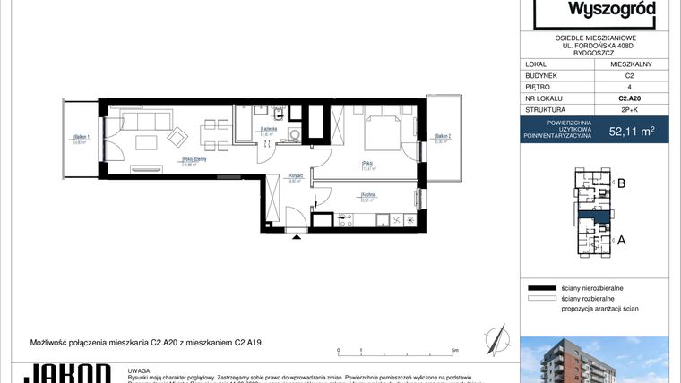 Rzut - Mieszkanie na sprzedaż 2 pokoje o powierzchni 52,11 m² - numer C2.A20 w Nowy Wyszogród etap II