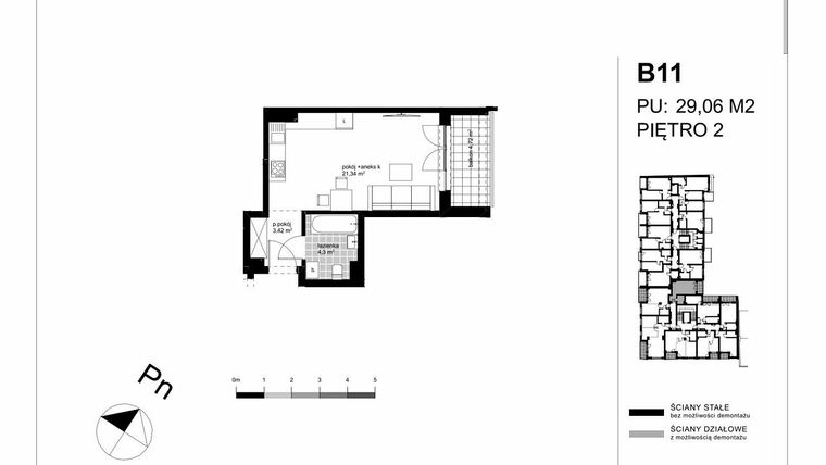 Rzut - Mieszkanie na sprzedaż 1 pokój o powierzchni 29,06 m² - numer B11 w Apartamenty Kopernika - etap II