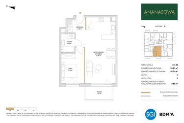 Rzut - Mieszkanie na sprzedaż 2 pokoje o powierzchni 54,71 m² - numer C.1.04 w Ananasowa