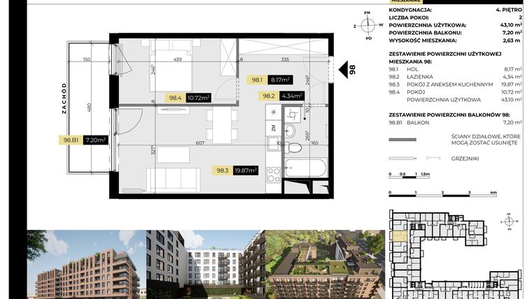 Rzut - Mieszkanie na sprzedaż 2 pokoje o powierzchni 43,1 m² - numer M/98 w Tarasy Śląskie