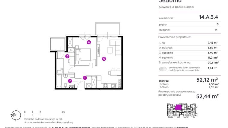 Rzut - Mieszkanie na sprzedaż 3 pokoje o powierzchni 52,44 m² - numer 14.A.3.4 w Murapol Siewierz Jeziorna