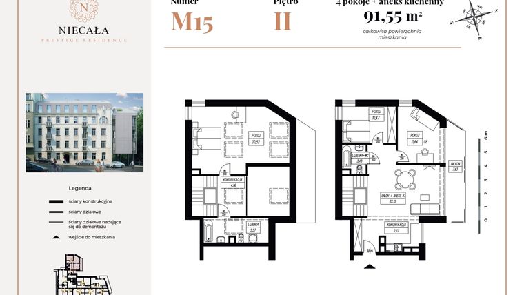 Rzut - Mieszkanie na sprzedaż 4 pokoje o powierzchni 91,55 m² - numer 15 w Niecała Prestige Residence